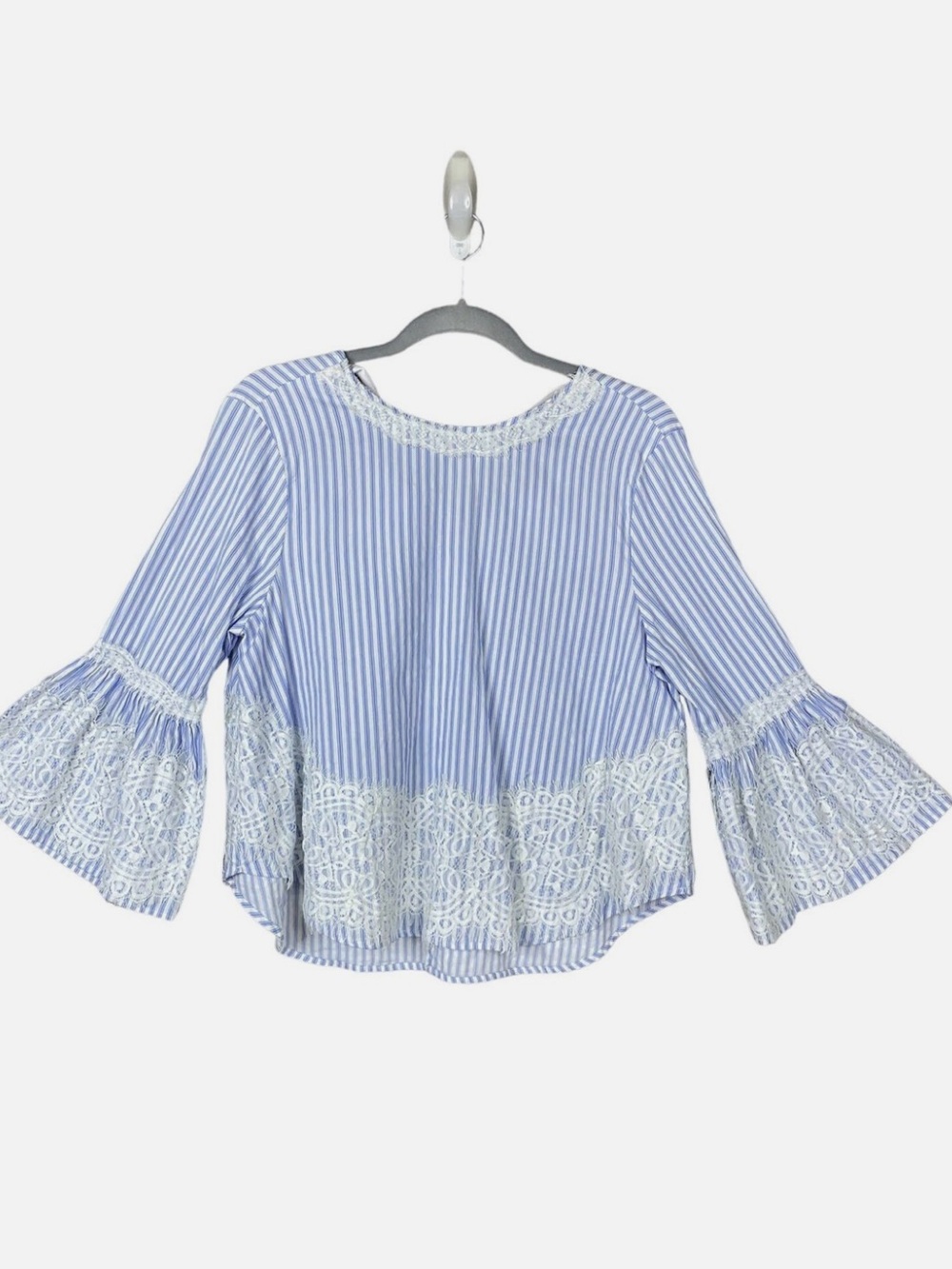 Zara Blue & White Striped Lace-Hem Blouse